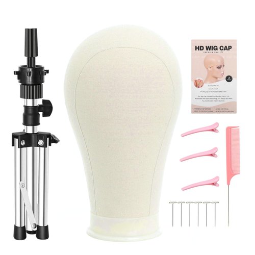 FUTAI 22 Inchs Wig Canvas Mannequin Head with Stand Tripod HD Wig Cap T Pins Hair Rat Tail Comb Hairpin for Hairdresser Professional Female Practice Making Styling Display Human Hair Wig