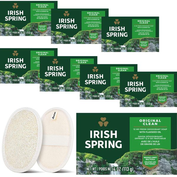 BASICOS Irish Spring Soap for Men, Original Clean Men Irish Spring Bar Soap for Washing Hands and Body, Mild for Skin, 4 Ounce each, Plus 1 Loofah Sponge Pad (8Pack, original)