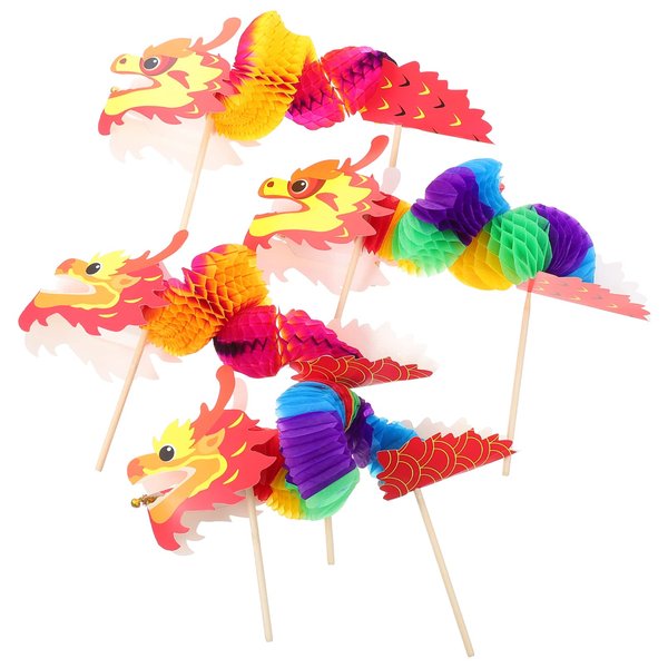 ARTIBETTER 4 Sets of Chinese Paper Dragon Pick New Year Dragon Garland Banner DIY Paper Dragon Pull String Puppet Vintage Toy for Kids DIY 3D Paper Chinese Dragon 2022 Spring Festival Party Supplies