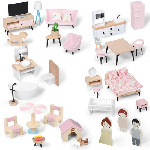 Pithfor Wooden Dollhouse Furniture Set, Dollhouse Accessories and Furniture, with 7 Rooms 3 Dolls, Includes Patio Set & Dog Set, Doll House Furniture Toys Gift for Kids Boys Girls