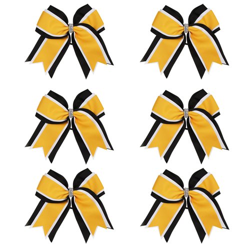 8 Inch 3 Colors 3 Layers 6 Pcs Cheerleader Bows Jumbo Cheerleading Bows Hair Elastic Hair Tie for High School College (Black/White/Yellow gold)