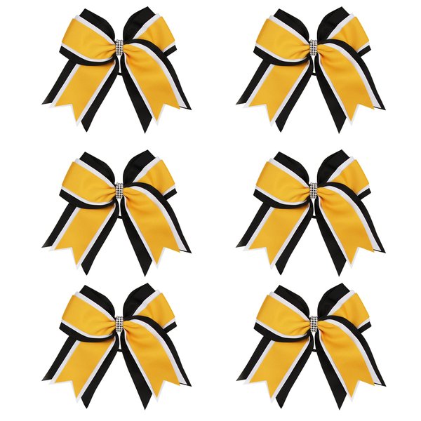 8 Inch 3 Colors 3 Layers 6 Pcs Cheerleader Bows Jumbo Cheerleading Bows Hair Elastic Hair Tie for High School College (Black/White/Yellow gold)