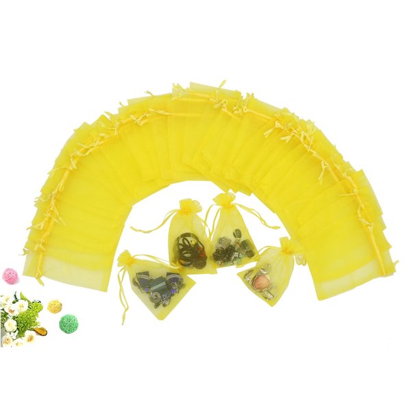 Wuligirl 100pcs Sheer Organza Bag 4X6 with Drawstring Jewelry Pouches Bags for Party Wedding Favor Candy Seashell Gift Bags (Yellow)