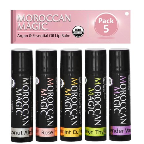 Moroccan Magic Organic Lip Balm Variety Pack Gift Set | Natural Argan and Essential Oils | Quality Smooth Application | Non-Toxic Cruelty Free | Rose, Peppermint Eucalyptus, Lemon Thyme | 3 Pack