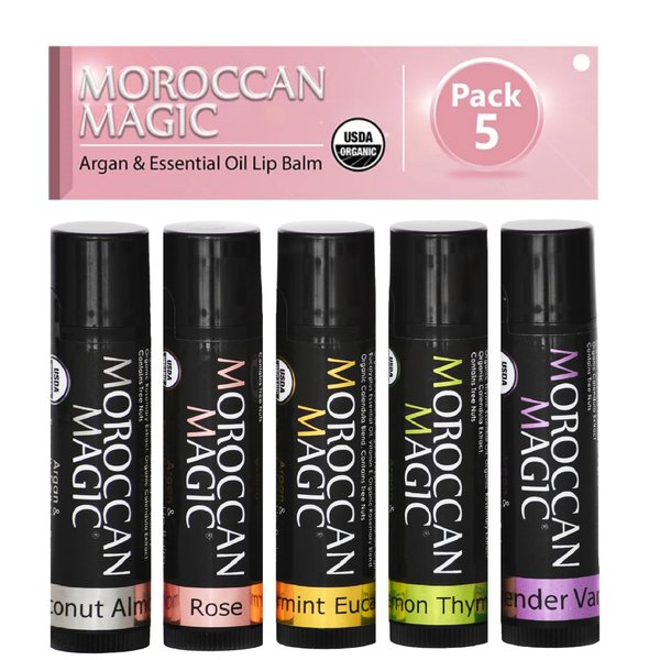 Moroccan Magic Organic Lip Balm Variety Pack Gift Set | Natural Argan and Essential Oils | Quality Smooth Application | Non-Toxic Cruelty Free | Rose, Peppermint Eucalyptus, Lemon Thyme | 3 Pack