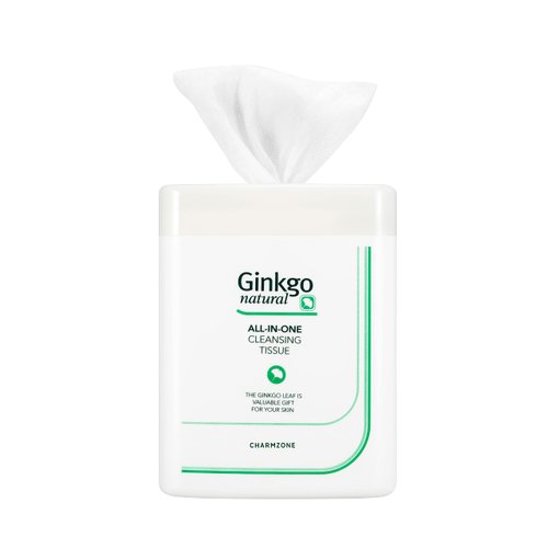 CHARMZONE Ginkgo Natural Cleansing Tissue – All-in-One Makeup Remover & Moisturizing Wipes (110 Sheets, Container)