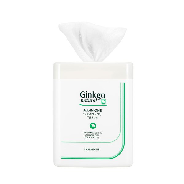 CHARMZONE Ginkgo Natural Cleansing Tissue – All-in-One Makeup Remover & Moisturizing Wipes (110 Sheets, Container)