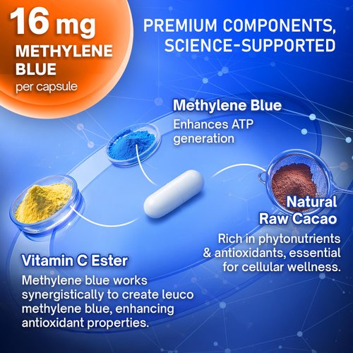FloraBliss 120 Methylene Blue Capsules - 16mg | Natural Cacao and Vitamin C Ester for Added Support | Vegan, Non-GMO, Gluten-Free