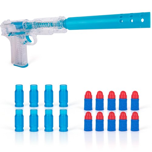 ArtCreativity Glowing Toy Pistol with Ejecting Shells - 8.75" - Realistic Soft Bullet Pistol with Silencer, 10 Soft Bullets, Shells & Safety Glasses - Toy Shell Ejecting Gun with Functional Magazine