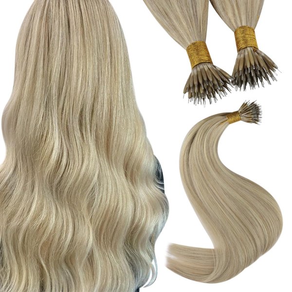 YoungSee Nano Hair Extensions Straight Nano Beads Hair Extensions Human Hair Ash Blonde Highlight with Blonde Nano Tip Hair Extensions Blonde 22In 50s 50g Nano Human Hair Extensions Blonde Cold Fusion