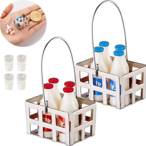 Sumind 14 Pieces 1:12 Miniature Dollhouse Accessories Miniature Milk Crate with Milk Bottles and Milk Cups Miniature Milk Models Mini Dollhouse Accessories Kitchen Food