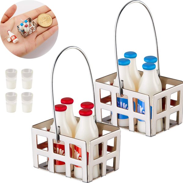 Sumind 14 Pieces 1:12 Miniature Dollhouse Accessories Miniature Milk Crate with Milk Bottles and Milk Cups Miniature Milk Models Mini Dollhouse Accessories Kitchen Food