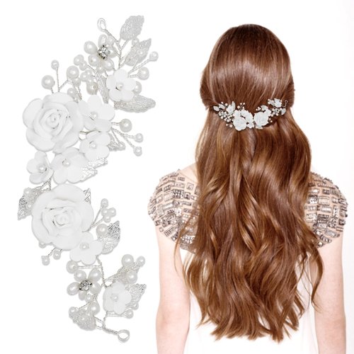 9 Inch Flower Bridal Wedding Hair Vine Pearl Bridal Headpiece Floral Leaf Hair Accessories for Women and Girls (White)