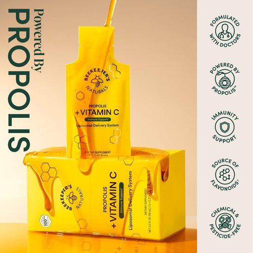 Propolis Liposomal Vitamin C by Beekeeper's Naturals, 1000mg Vitamin C, Propolis & Organic Honey, Supercharged Immune Support & Increased Bioavailibity for Max Absorption, 12 Ct
