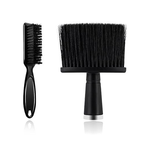 T- Hair Brush Set, 2 Pieces Barber Blade Cleaning Brush and Neck Duster Brush - Black/Gold - for Barbershop and Home Use