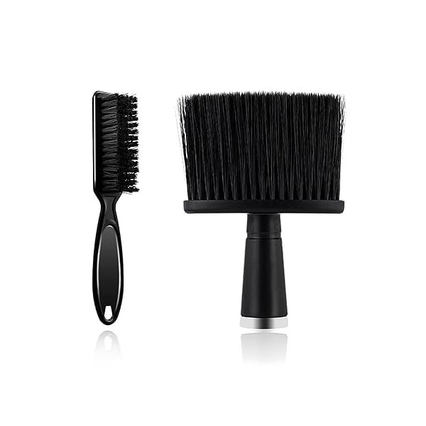 T- Hair Brush Set, 2 Pieces Barber Blade Cleaning Brush and Neck Duster Brush - Black/Gold - for Barbershop and Home Use
