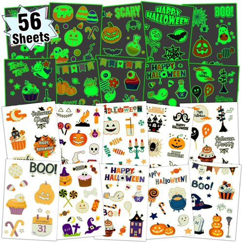 Partywind 56 Sheets (535 Styles) Glow Halloween Temporary Tattoos for Kids Treats, Halloween Party Supplies Decorations for Boys Girls, Halloween Goodie Bag Stuffers Fillers Games