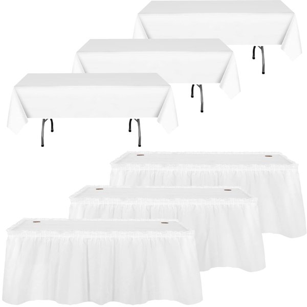 Oudain 6 Pcs Plastic Table Skirts and Stain Proof Table Cloths 54 x 108 in Rectangle Plastic Tablecloth 168 x 29 in Disposable Table Skirts for Thanksgiving Christmas New Year Party (White)