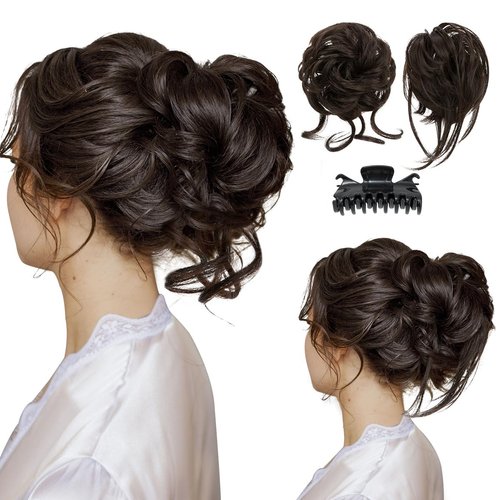SARLA 2PCS Messy Bun Hair Pieces Detachable Claw Clip Wavy Curly Synthetic Hairpieces Fake Scrunchies Updo Ponytail Extension for Women Dark Brown
