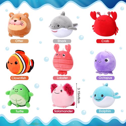 Harrycle 9 Pcs Mini Sealife Stuffed Animals 3.15 Inch Stuffed Shark Turtle Ocean Animal Plushies for Birthday Ocean Party Decors Gift Bag Fillers Valentines Easter Basket Stuffers Classroom Prizes