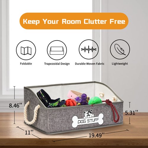 Thankspaw Collapsible Fabric Dog Toy Box and Storage Bin With Handle - Trapezoid Basket Chest Organizer for Pet Toys, Blankets and Accessories