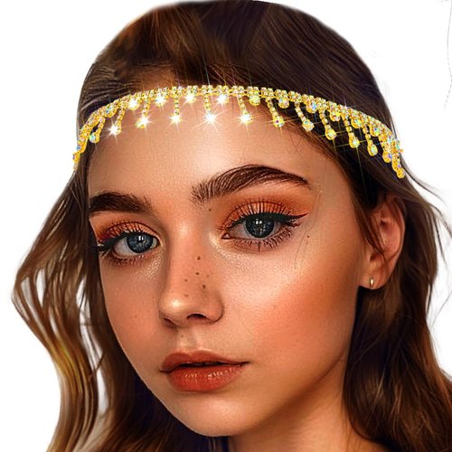 Barode Rhinestone Head Chain Tassel Forehead Bridal Headband Elastic Crystal Hair Band Prom Headpieces for Women (AB Gold, Free size)