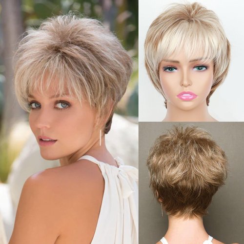 Mayouda Highlight Blonde Short Straight Layered Pixie Cut Wig With Bangs For Women Straight Pixie Cut Wig Short Wigs for Elegant White Women Synthetic Wigs (7294-Highlight Blonde)