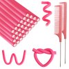 BIEAEIA 60 Pieces Flexible Curling Rods, 9.45 x 0.31 inches Foam Hair Rollers for Long Hair Short Hair Women Girls, No Heat Hair Curlers with Steel Pintail Rat Tail Comb, Pink