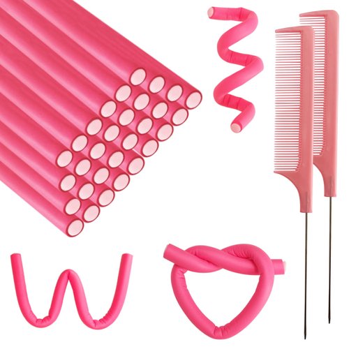 BIEAEIA 60 Pieces Flexible Curling Rods, 9.45 x 0.31 inches Foam Hair Rollers for Long Hair Short Hair Women Girls, No Heat Hair Curlers with Steel Pintail Rat Tail Comb, Pink