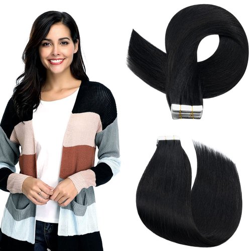 Rich Choices Tape in Hair Extensions Human Hair 40pcs 100g Balayage Jet Black 100% Remy Hair Extensions Real Human Hair Seamless Skin Weft Straight Tape in Hair Extension of 18 inch #01