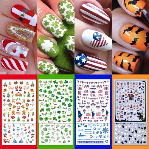 IDDFEVE 24 Sheets Seasonal Nail Art Stickers, Four Season Variety Pack All Holiday Nail Decals, Self-Adhesive Varied Design for Flowers Butterflies Halloween Christmas Spring Summer Fall Decoration
