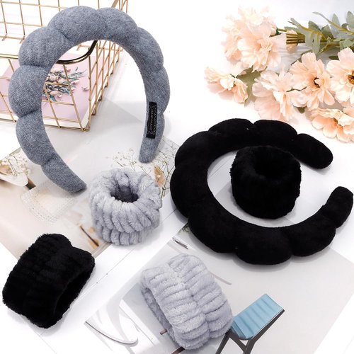 AOPRIE SPA Headbands for Washing Face Makeup Headbands with Bow Hair Band Women Facial Head Band Wrist Towel Wraps For Shower Face Mask Gray Black, 6 Pack