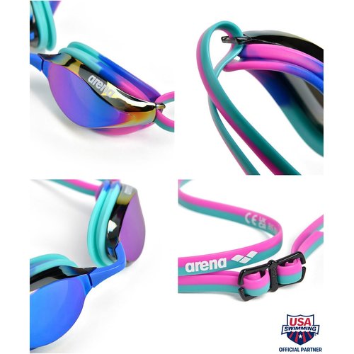 ARENA Unisex Adults Python Racing Swim Goggles for Men and Women Anti-Fog Mirror Lens Max Comfort Dual Strap, Turquoise/Water/Fuchsia