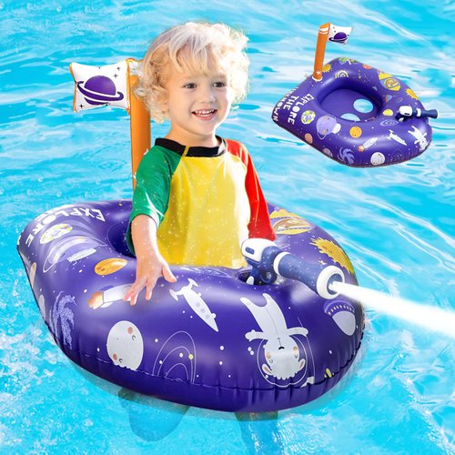 Kids Pool Float with Water Gun,Inflatable Pool Floatie Toys,Space Travel Design with Rocket Spaceman Planet Star,Swimming Beach Party Raft,Summer Fun Ride-On Floaties,Battle Games for Boys Aged 3-8
