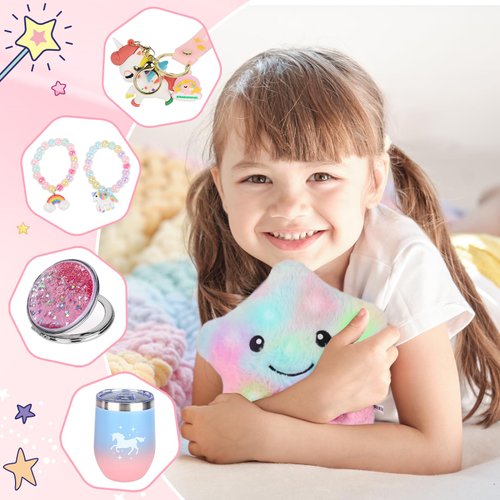 Ingbear Unicorn Toys for Girls Age 4-6 7 8, Girls Birthday with Light Up Plush Stars Pillow/Crossbody Bag/Water Bottle/Headband/Soft Plush Toys Set