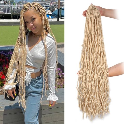 Leeven 30 Inch Blonde Natural Butterfly Soft Locs Distressed New Faux Locs Crochet Braids Hair 1 Pack Pre Looped Long Goddess Locs Curly Afro Roots Synthetic Hair Extensions for Women 15 Strands #613