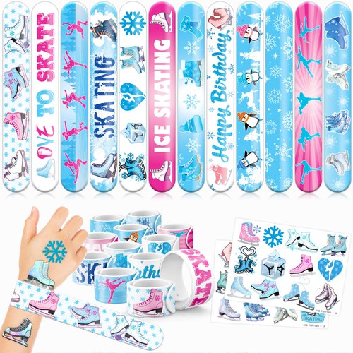 48 Ice Skating 24PCS Ice Skating Temporary Tattoos Sticker 24PCS Slap Bracelets Perfect for Themed Birthday Party Favors Baby Showers or Classroom Rewards Ideal Decor and Gifts for Girls and Boys