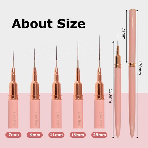 Keepzi Professional Detail Nail Art Paint Liner Brush Set, 5Pcs Small Polish Design Tech Nail Tip Fine Line Striping Brushes, 25/15/11/9/7Mm Skinny Long Bristle Nails Drawing Pincel Para Uñas, Pink
