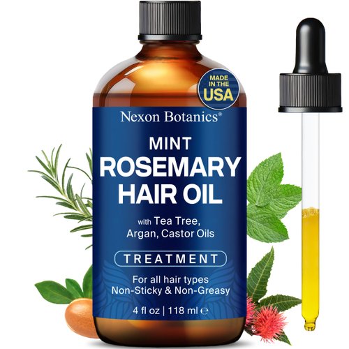 Mint Rosemary Hair Oil 4 fl oz - Hair Treatment Oil - Argan, Castor, Tea Tree - Hair Growth Oil for Damaged Hair, Curly Hair, Frizzy Hair, Dry Scalp - Men and Women - Nexon Botanics