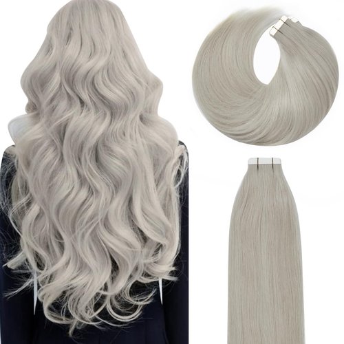 Lacer Tape in Hair Extensions Silky Straight Silver Grey Adhesive Tape in Hair Extensions 100 Percent Remy Human Hair Soft Glue in Brazilian Hair Extensions 20 Pcs 50 Grams 22 Inch