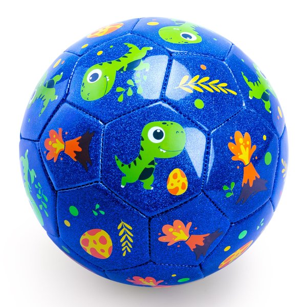 INPODAK Toddler Soccer Ball Size 2 Cartoon Ball Baby Soccer Ball Dinosaur Soccer Ball for Kids with Pump, Mesh Net and Box (Glitter Blue, Size 2)