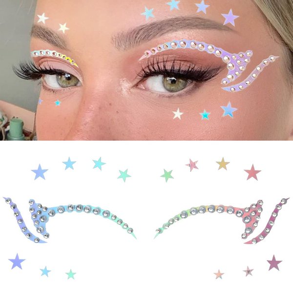 Uranian Holographic Face Stickers Eyeliner Stickers for Eyes Eyeshadow Tattoo Stickers for Women Rhinestones Eyelid Tape Stars Stickers for Festival Party Halloween Club