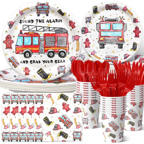 Firetruck Birthday Party Decorations, Watercolor Fire truck Birthday Party Favors,Fireman Party Supplies, Firetruck Theme Birthday Party Tableware