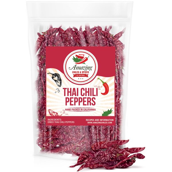 Authentic Red Thai Chili Peppers, 5 oz. Bag, Genuine Hot Red Whole Pepper Chilis, Dried Fresh for Cooking Traditional Asian Foods, Soups, and Curry by Amazing Chiles & Spices