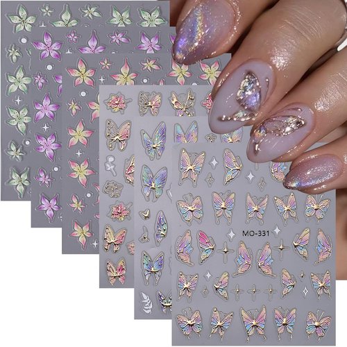 6 Sheets Summer Nail Art Stickers for Nail Art Tips - SHANRUN 5D Relief Self Adhesive Bronzing Hot Stamping Butterfly Lily Flowers Design Nail Stickers DIY Nail Decals Decorations for Women Girls Gift