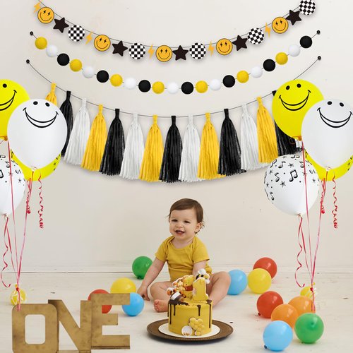 Qeeenar 53 Pcs One Happy Dude Birthday Decorations 1st Birthday Banners Lightning Smile Face Decoration Hippie First High Birthday Chair Tassel Banner for One Happy Dude Party Favors Decor Supplies