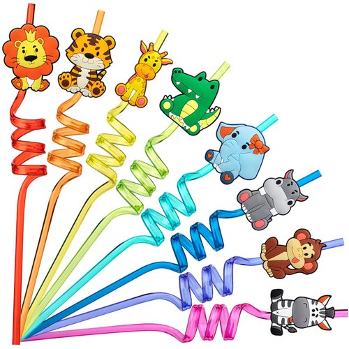 DMIGHT Jungle Safari Party Favors 24 Reusable Wild Animals Plastic Straws for Kids Birthday, Woodland Party Gift Favors with 2 Cleaning Brushes