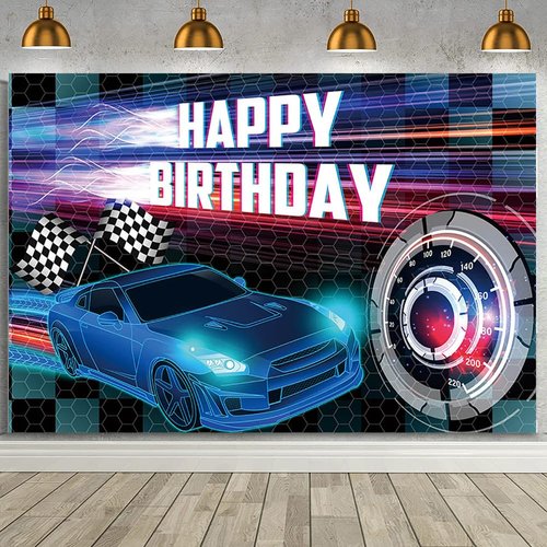 MEHOFOND 8x6ft Car Racing Happy Birthday Backdrop, Blue Racing Party Photo Background for Boys, Cars Party Decorations Car Banner Blue Race Car Birthday Party Supplies Party Decor