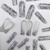 Press on Nails Long Square Fake Nails Silver French False Tip with Rhinestones Charms Design Glue on Nails 3D Heart Stick on Nails Elegant Glitter Glossy Acrylic Nails for Women Manicure 24Pcs