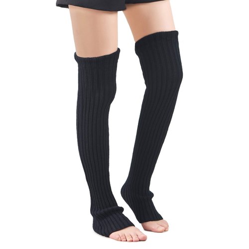 Leotruny Women's Winter Over Knee High Footless Socks Knit Leg Warmers (Black)